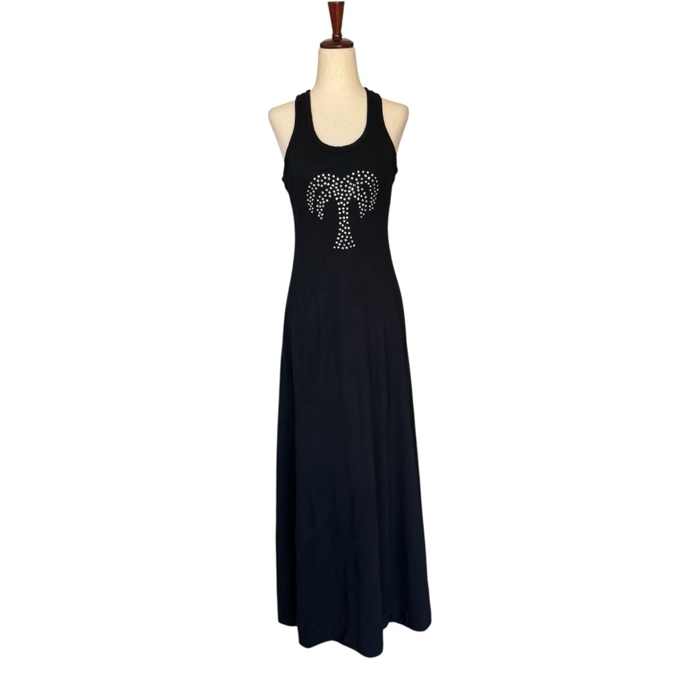 Vintage 70s Oops Black Maxi Dress Rhinestone Palm Tree Design Hippie Boho S - Picture 2 of 11